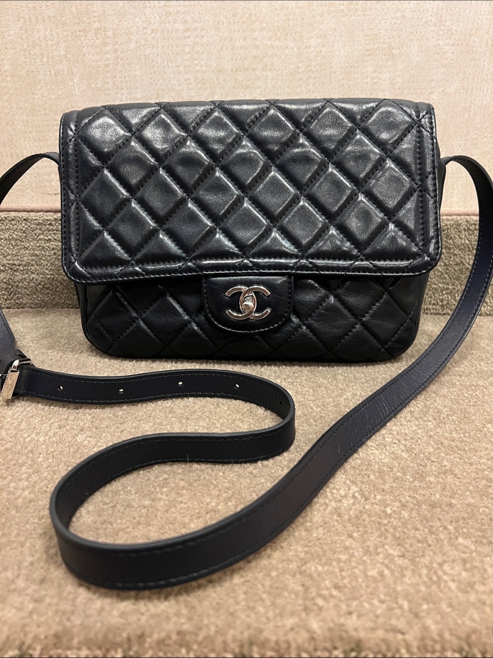 CHANEL Navy Quilted Leather Crossbody with CC Turnlock